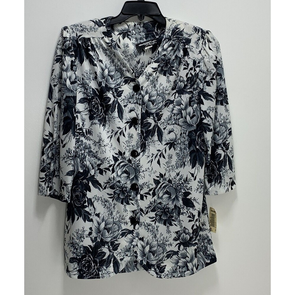 Vintage WHIRLAWAY WOMENS SHIRT PLUS SZ 16W BUTTON UP TUNIC Floral Black White